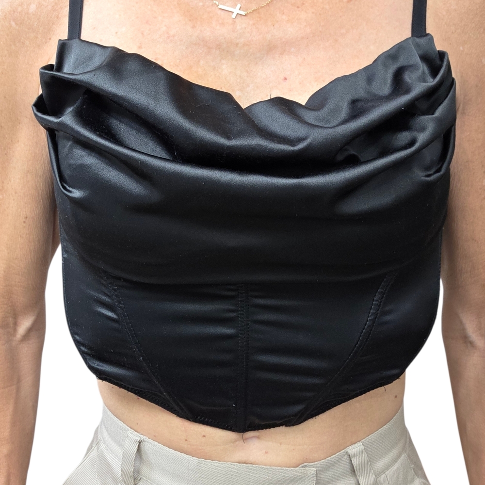 Urban Outfitters Black Satin Corset Bustier Top Boned Cowl Neck Zip Back M - Picture 5 of 9
